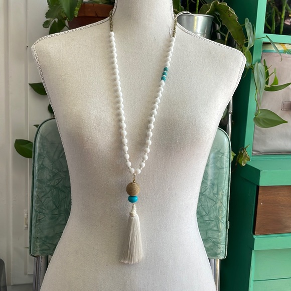 Turquoise and white wooden bead tassel statement necklace - Picture 1 of 5